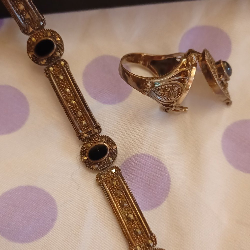 1940's Onyx Art Deco Bracelet and Lockett Ring Set